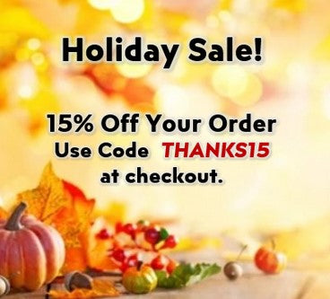 Promotional text for a holiday sale with pumpkins and autumn decorations on a blurred background.