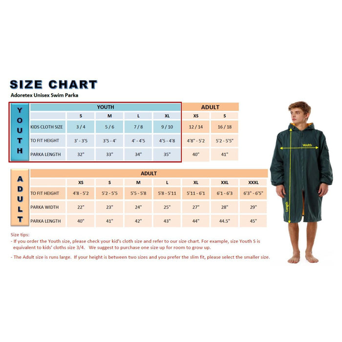 Adoretex Unisex Water Resistant Swim Parka for Adults and Kids Black Lining (PK005)